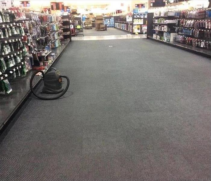Dry carpet of a store isle with products hanging on the shelves.