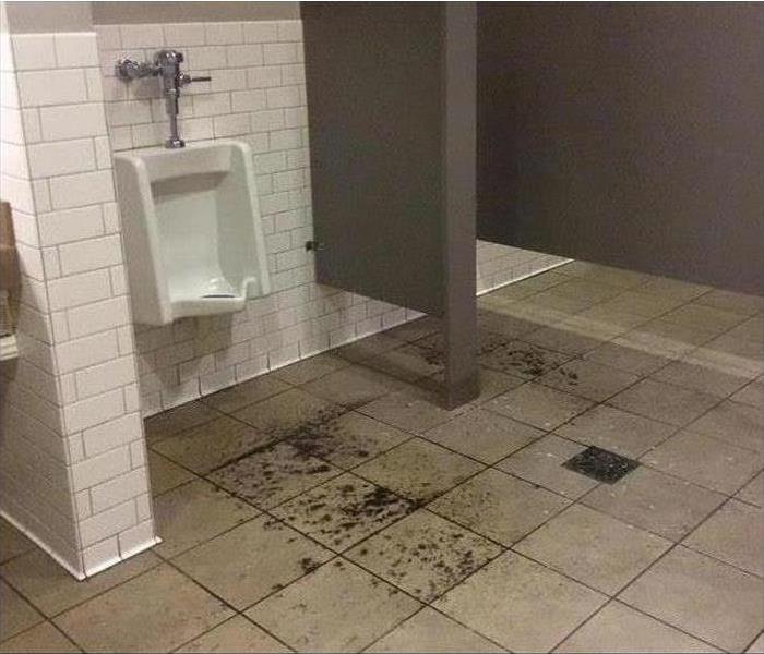 Commercial bathroom with dirty tan tile and a white toilet.